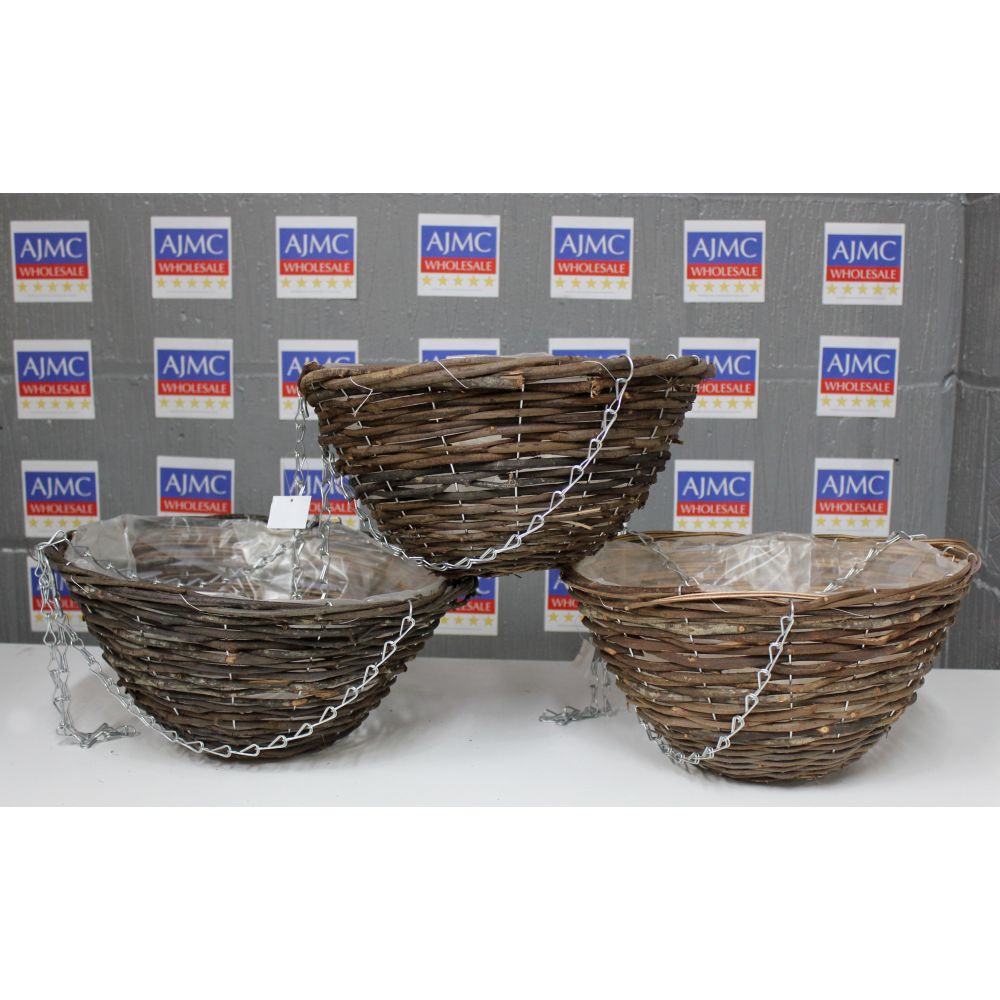 6x Rattan Round Plastic Lined Hanging Basket with Chain – 14 inch