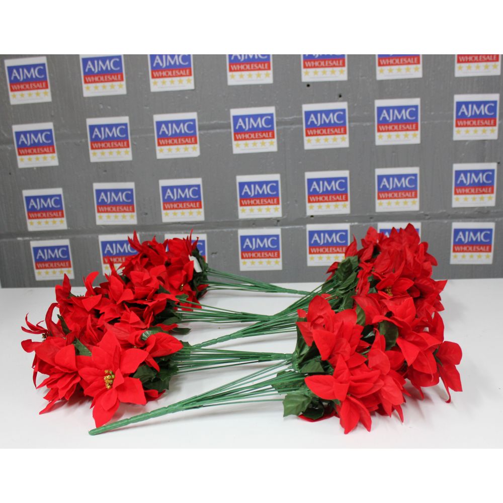 6x Velvet Poinsettia Bush (14 Heads) Artificial Christmas Flowers, Red and Gold