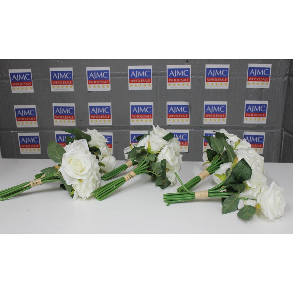 6x Open Rose Bundle Artificial Flowers – 28cm, Ivory