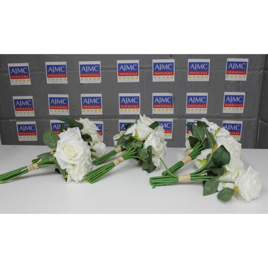 6x Open Rose Bundle Artificial Flowers – 28cm, Ivory