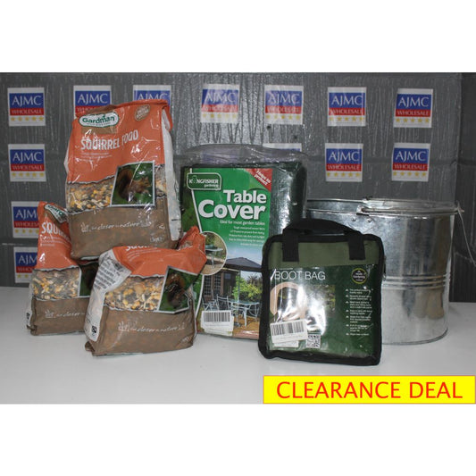 Clearance Deal: Mix of 6 Different Home Products: Squirrel food, table covers, boot bag and buckets