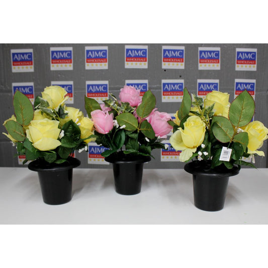 3x Artificial Rosebud Flower Pot Assorted Colours – Grave Pots