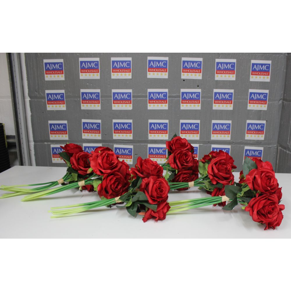 6x Artificial Large Open Rose Bundle, 7 Roses per Bundle – Red, 25cm