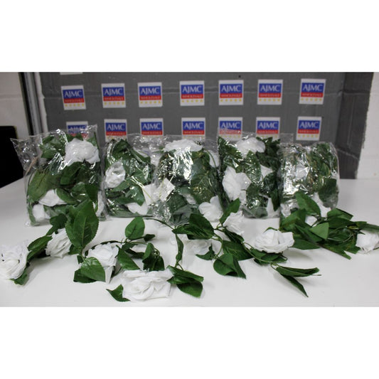6x Rose Garland White Artificial Flowers with Leaves, 8ft Home Garden Décor